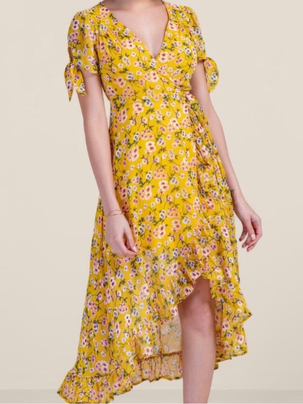 Francesca’s Yellow Floral High-Low Ruffle Wrap Dress